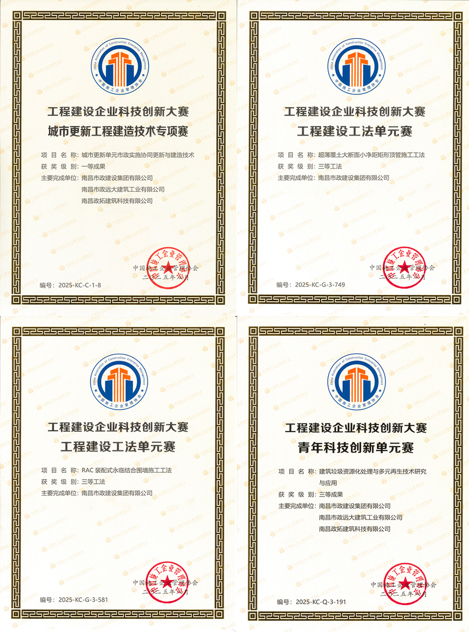 南昌市政建設(shè)集團(tuán)科技創(chuàng)新榮獲國家級(jí)一等成果 兩項(xiàng)工法通過國家認(rèn)證 南昌市政建設(shè)集團(tuán)科技創(chuàng)新榮獲國家級(jí)一等成果 兩項(xiàng)工法通過國家認(rèn)證
